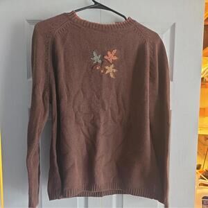 Vtg Woolrich Womens Pullover Sweater Large Brown Leaves Fall Cotton Embroidery